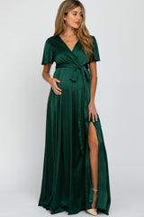 Green Side Slit Satin Maternity Maxi Dress