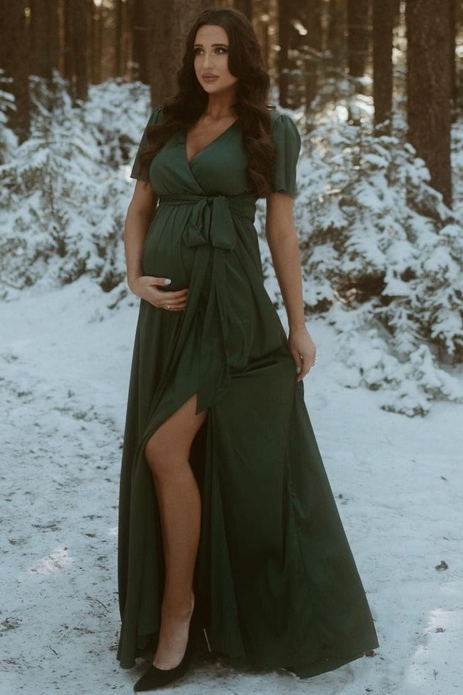 Green Side Slit Satin Maternity Maxi Dress Green Side Slit Satin Maternity Maxi Dress