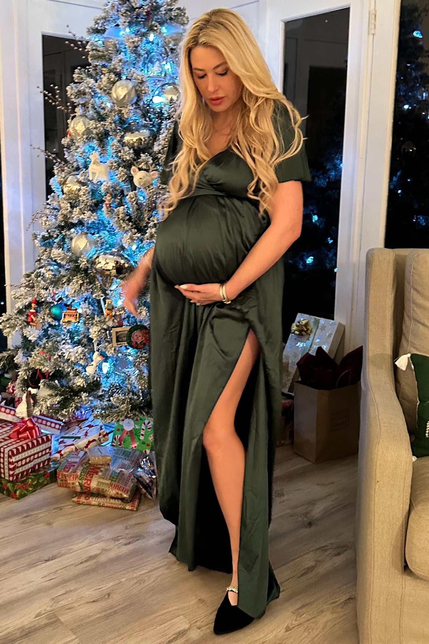 Green Side Slit Satin Maternity Maxi Dress