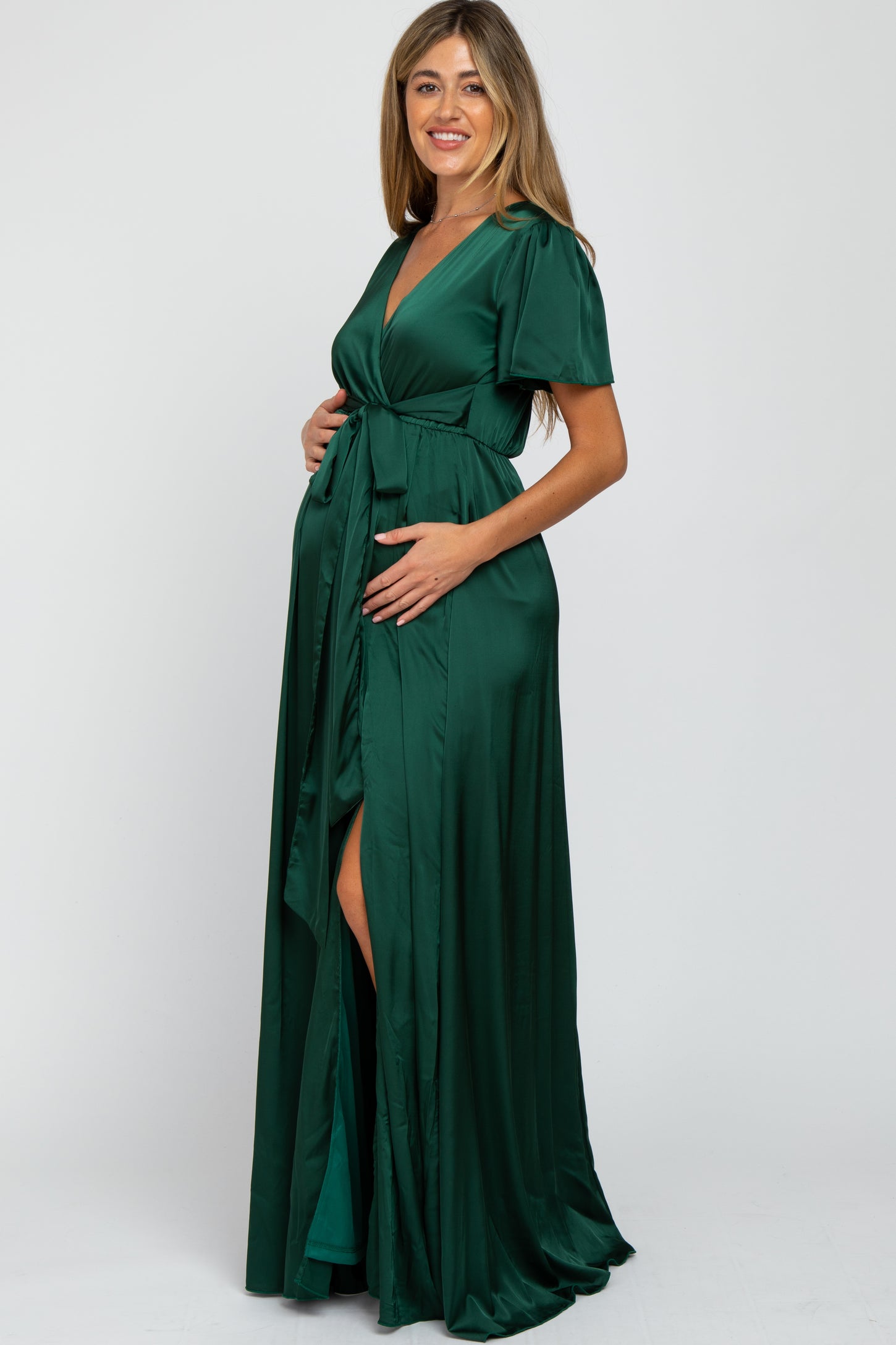 Green Side Slit Satin Maternity Maxi Dress Green Side Slit Satin Maternity Maxi Dress