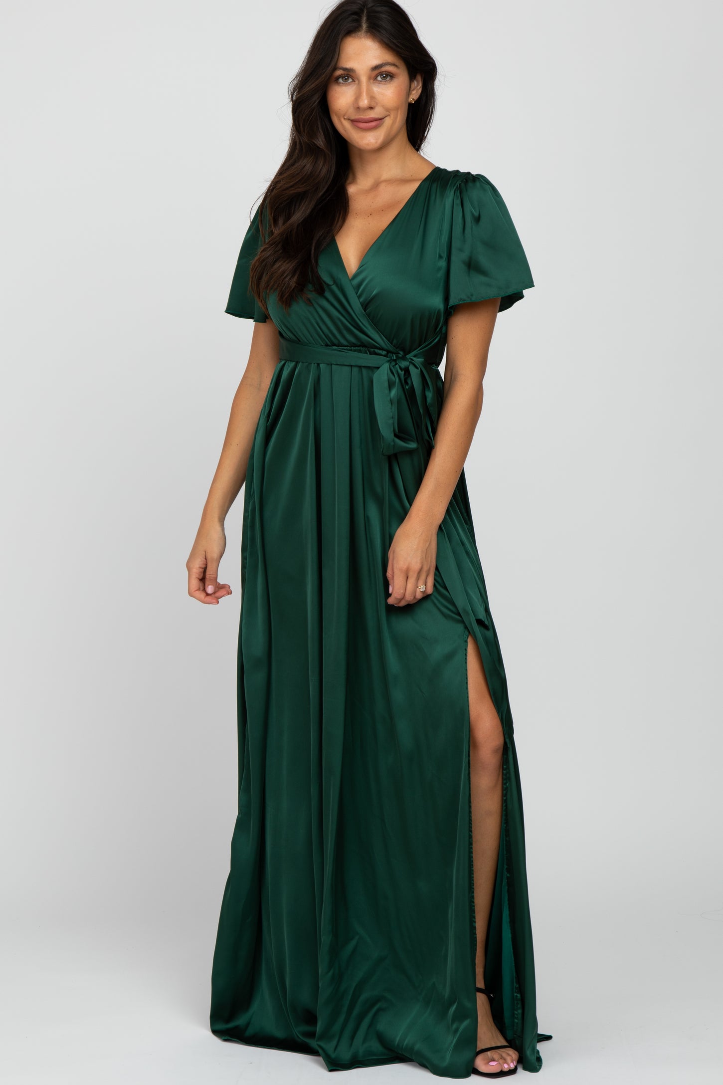 Green Side Slit Satin Maternity Maxi Dress PinkBlush Green Side Slit Satin Maternity Maxi Dress PinkBlush