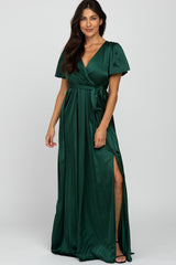 Green Side Slit Satin Maternity Maxi Dress
