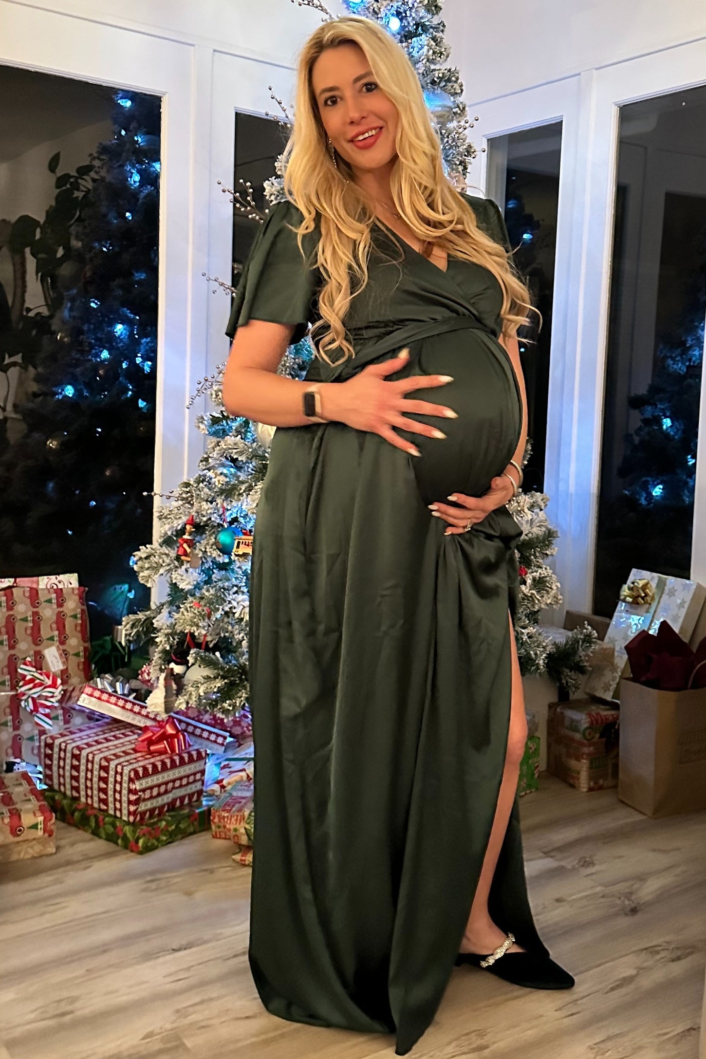 Green Side Slit Satin Maternity Maxi Dress Green Side Slit Satin Maternity Maxi Dress