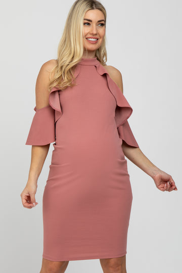 Mauve Mock Neck Ruffle Trim Fitted Maternity Dress