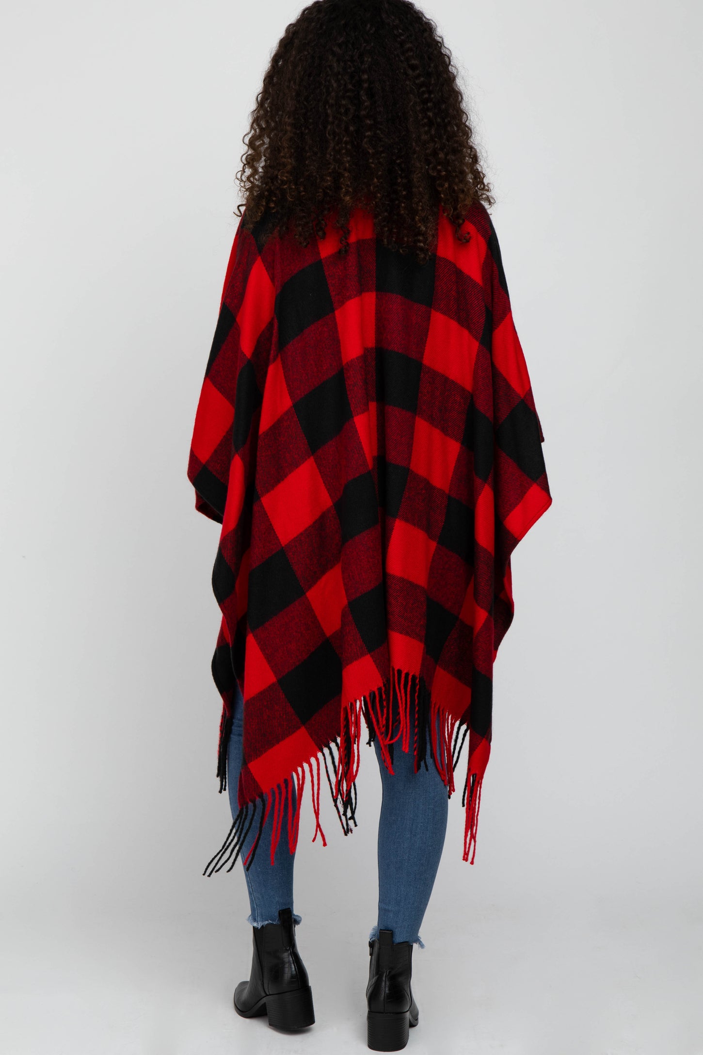 Red Plaid Fringe Poncho