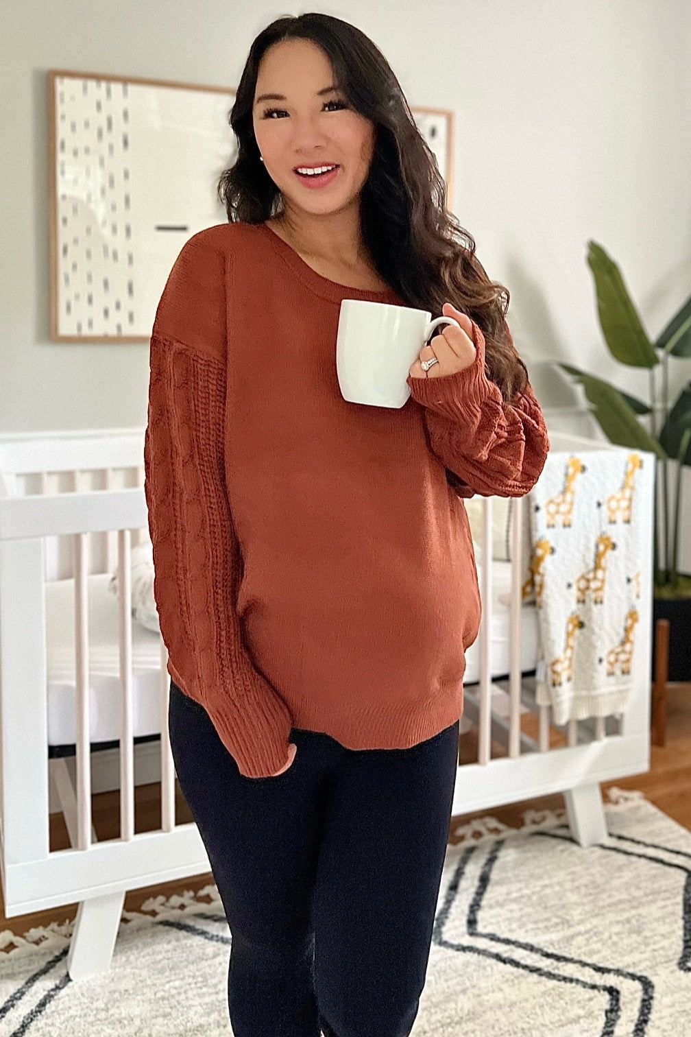 Camel Knit Braided Sleeve Maternity Sweater