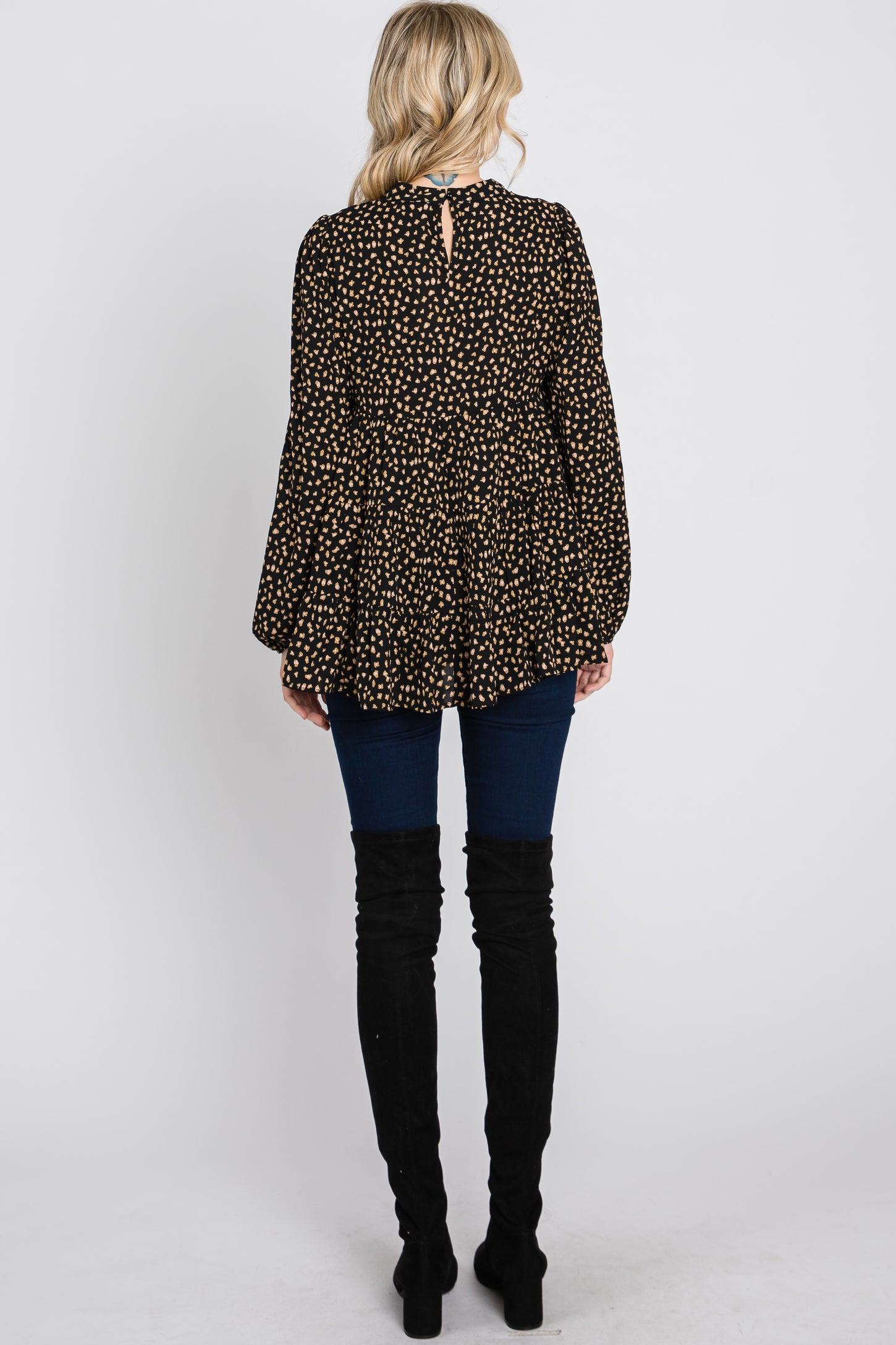 Black Animal Print Mock Neck Tiered Top