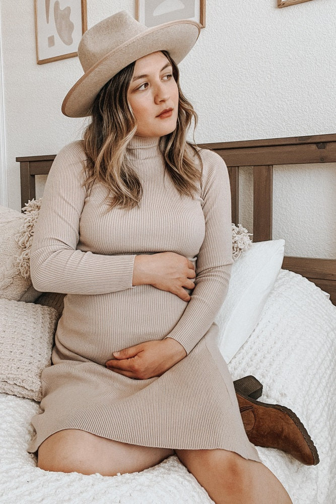 Beige Mock Neck Flared Maternity Midi Dress Beige Mock Neck Flared Maternity Midi Dress