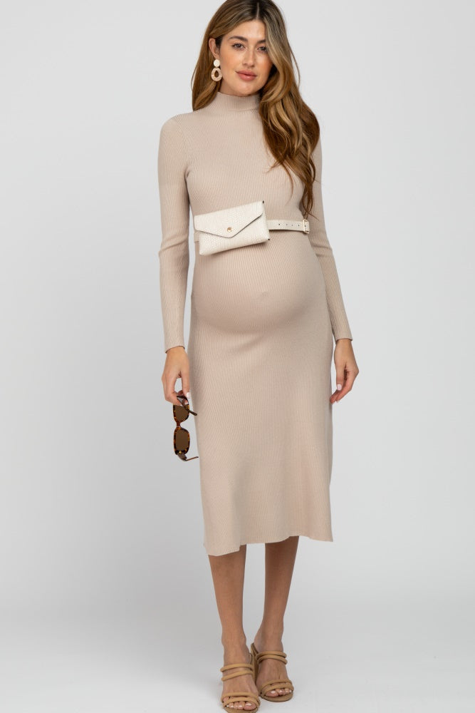 Beige Mock Neck Flared Maternity Midi Dress Beige Mock Neck Flared Maternity Midi Dress