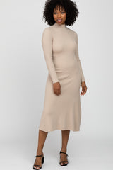 Beige Mock Neck Flared Maternity Midi Dress