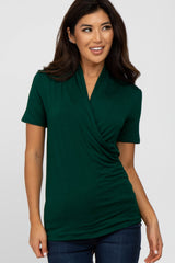 Forest Green Solid Short Sleeve Wrap Front Maternity/Nursing Top