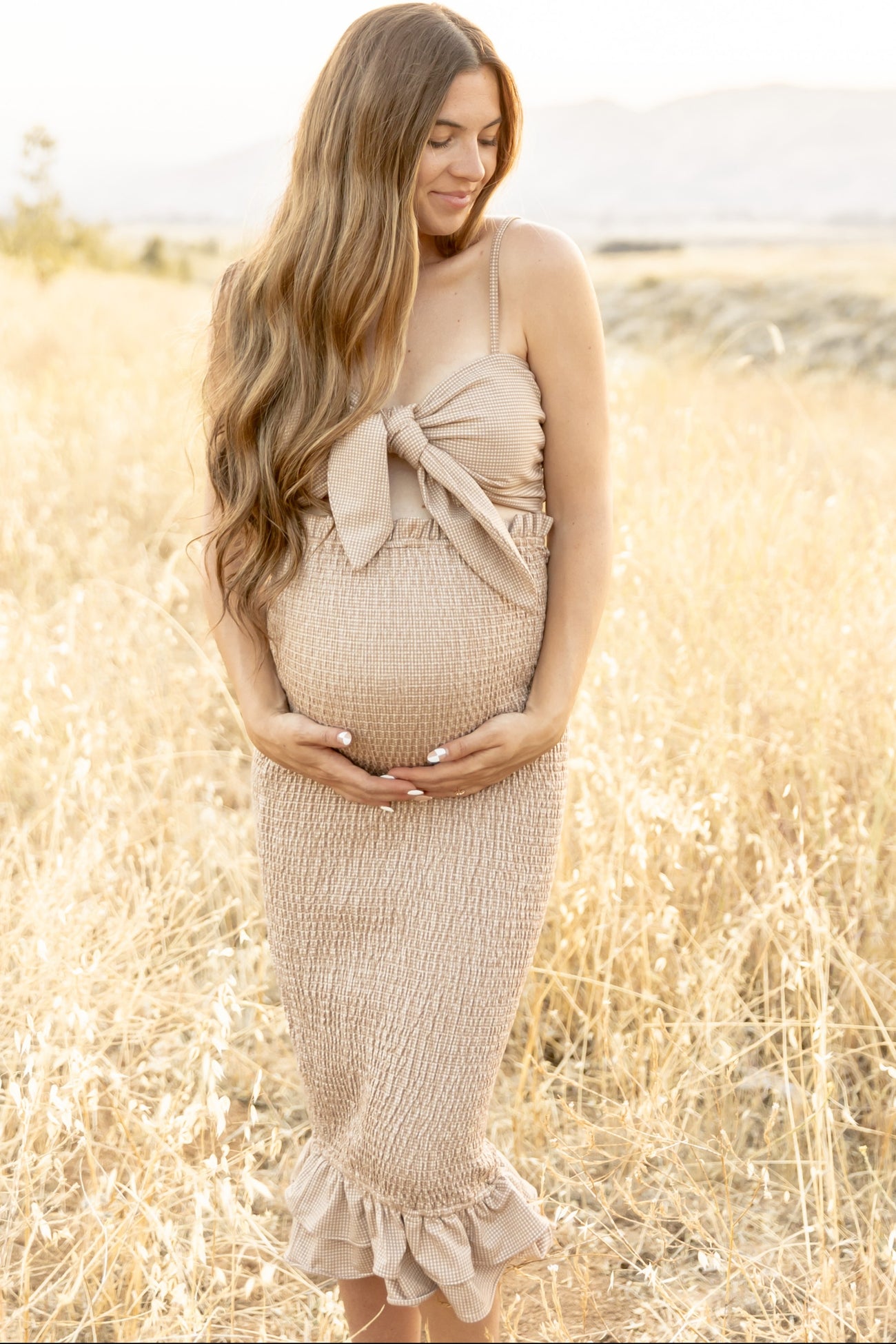 Ladies Dresses Fitted Gingham Midi Dress Mocha Gingham Print Smocked Fitted Self-Tie Maternity Midi Dress Ladies Dresses Fitted Gingham Midi Dress Mocha Gingham Print Smocked Fitted Self-Tie Maternity Midi Dress