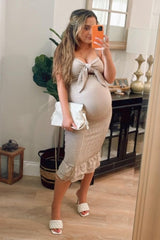 Mocha Gingham Print Smocked Fitted Self-Tie Maternity Midi Dress