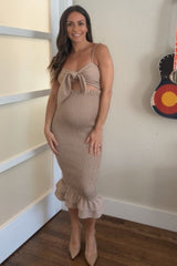 Mocha Gingham Print Smocked Fitted Self-Tie Maternity Midi Dress