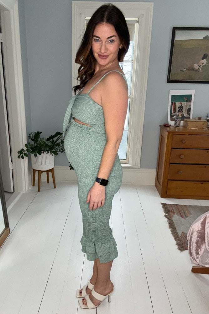 PinkBlush Green Gingham Print Smocked Fitted Self-Tie Maternity Midi Dress Large PinkBlush Green Gingham Print Smocked Fitted Self-Tie Maternity Midi Dress Large