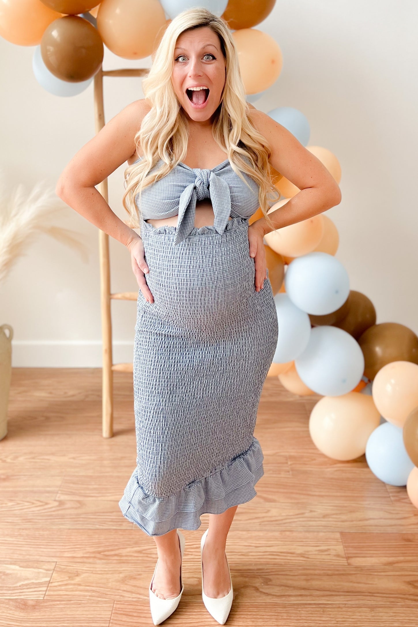 Blue Gingham Print Smocked Fitted Self-Tie Maternity Midi Dress PinkBlush Blue Gingham Print Smocked Fitted Self-Tie Maternity Midi Dress PinkBlush