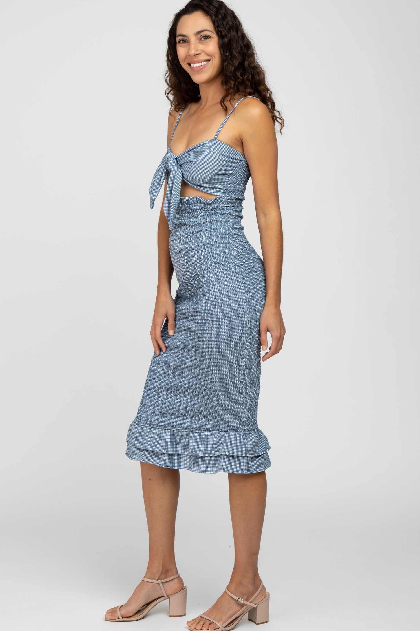 Pinkblush Blue Gingham Print Smocked Fitted Self-Tie Maternity Midi Dress