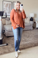 Camel V-Neck Side Slit Cable Knit Maternity Sweater