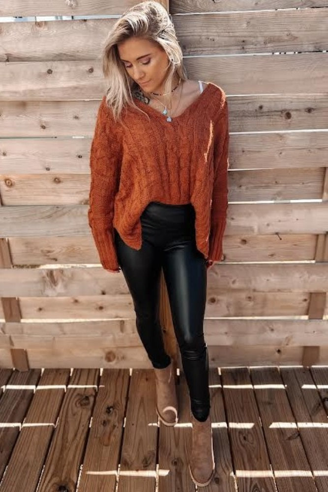 Camel V-Neck Side Slit Cable Knit Sweater