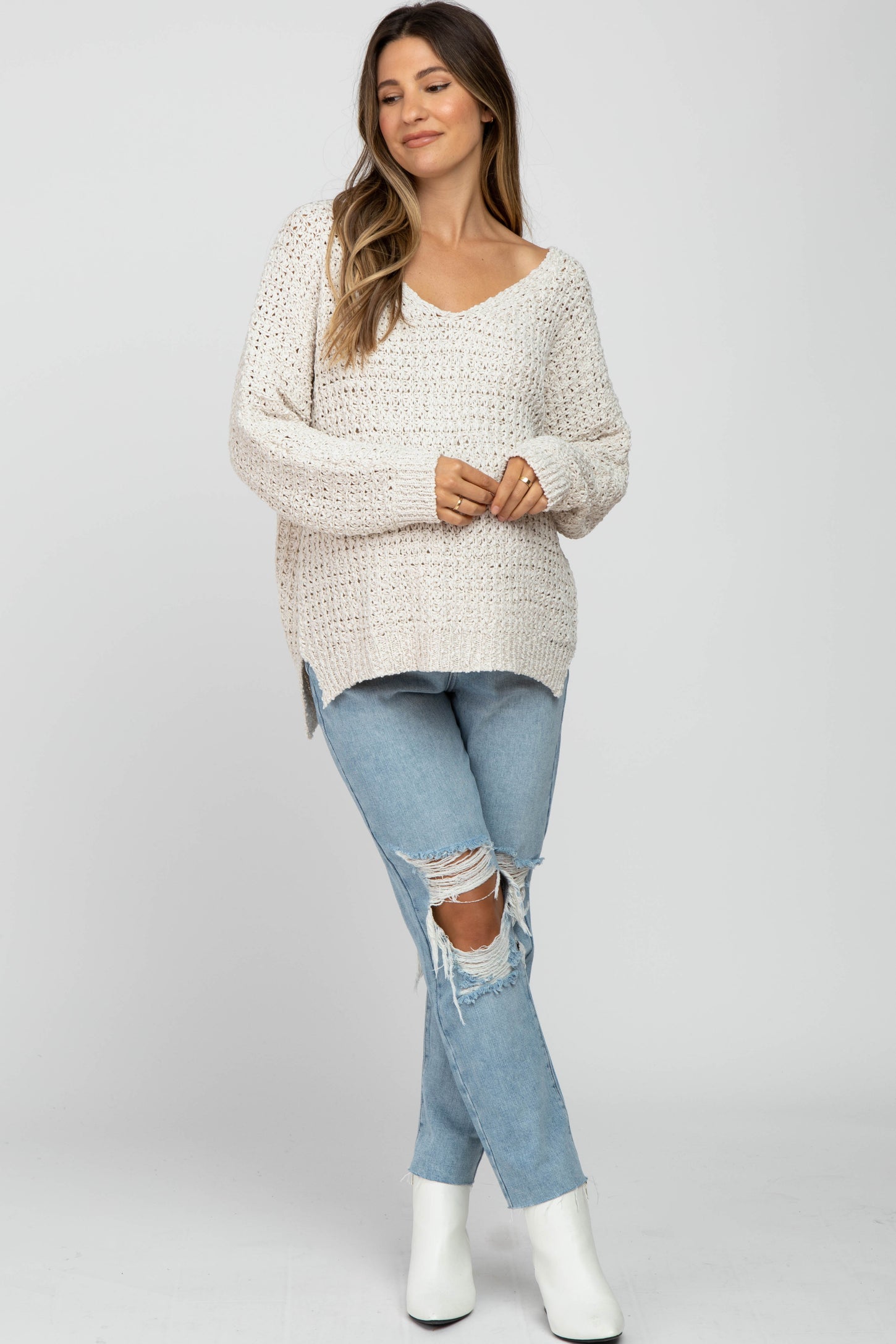 Ivory V-Neck Side Slit Thick Knit Maternity Sweater