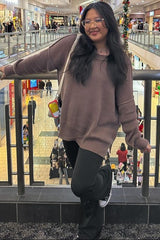 Brown Exposed Seam Side Slit Sweater