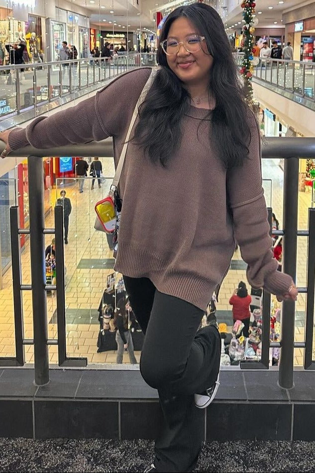 Brown Exposed Seam Side Slit Sweater