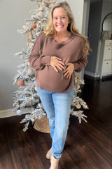 Brown Exposed Seam Side Slit Maternity Sweater