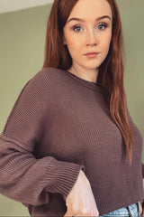 Brown Exposed Seam Side Slit Sweater