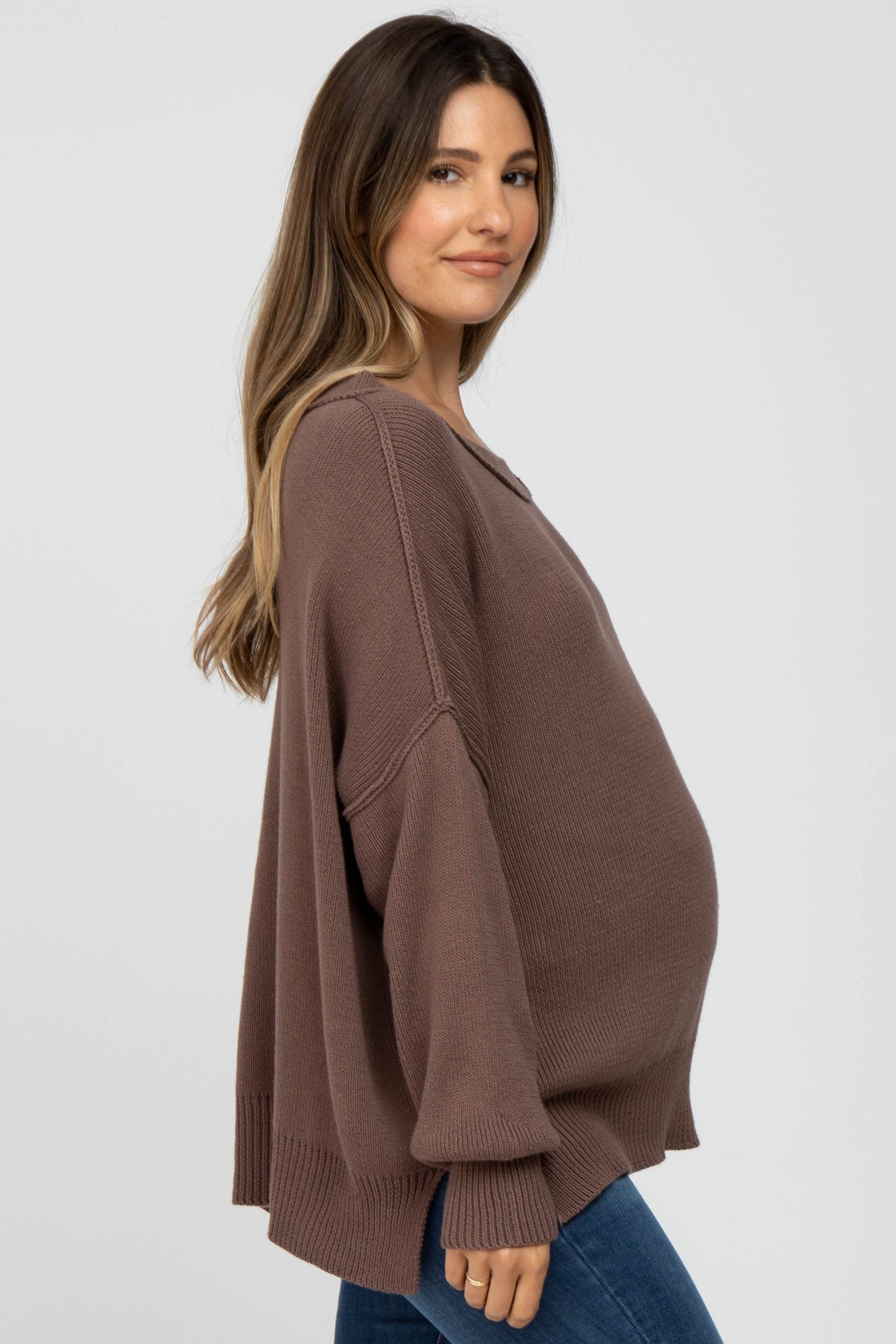 Brown Exposed Seam Side Slit Maternity Sweater