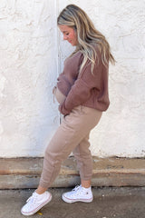 Brown Exposed Seam Side Slit Maternity Sweater