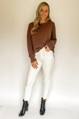 Brown Exposed Seam Side Slit Sweater