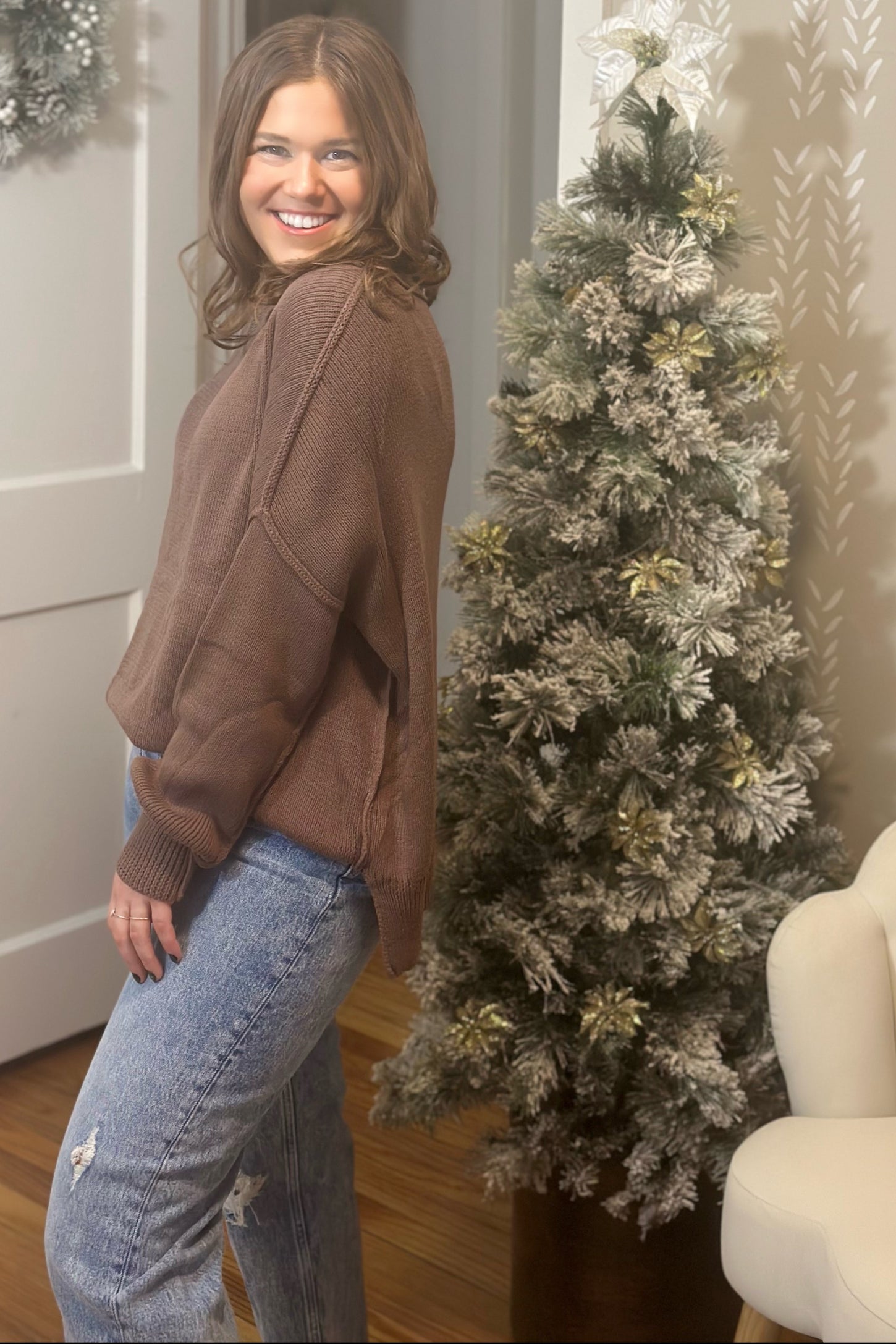 Brown Exposed Seam Side Slit Sweater