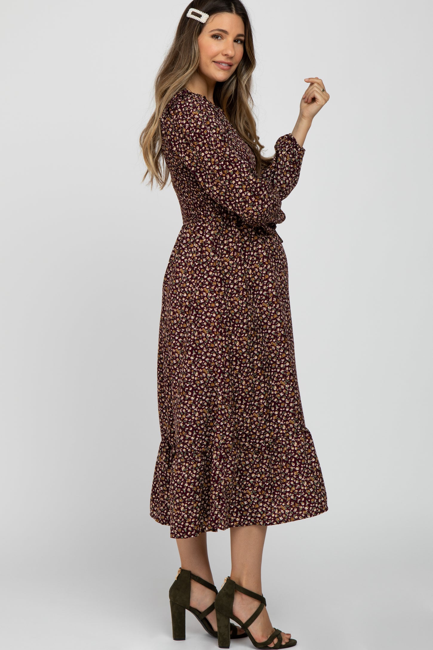 Burgundy Floral Long Sleeve Smocked Maternity Midi Dress PinkBlush Burgundy Floral Long Sleeve Smocked Maternity Midi Dress PinkBlush