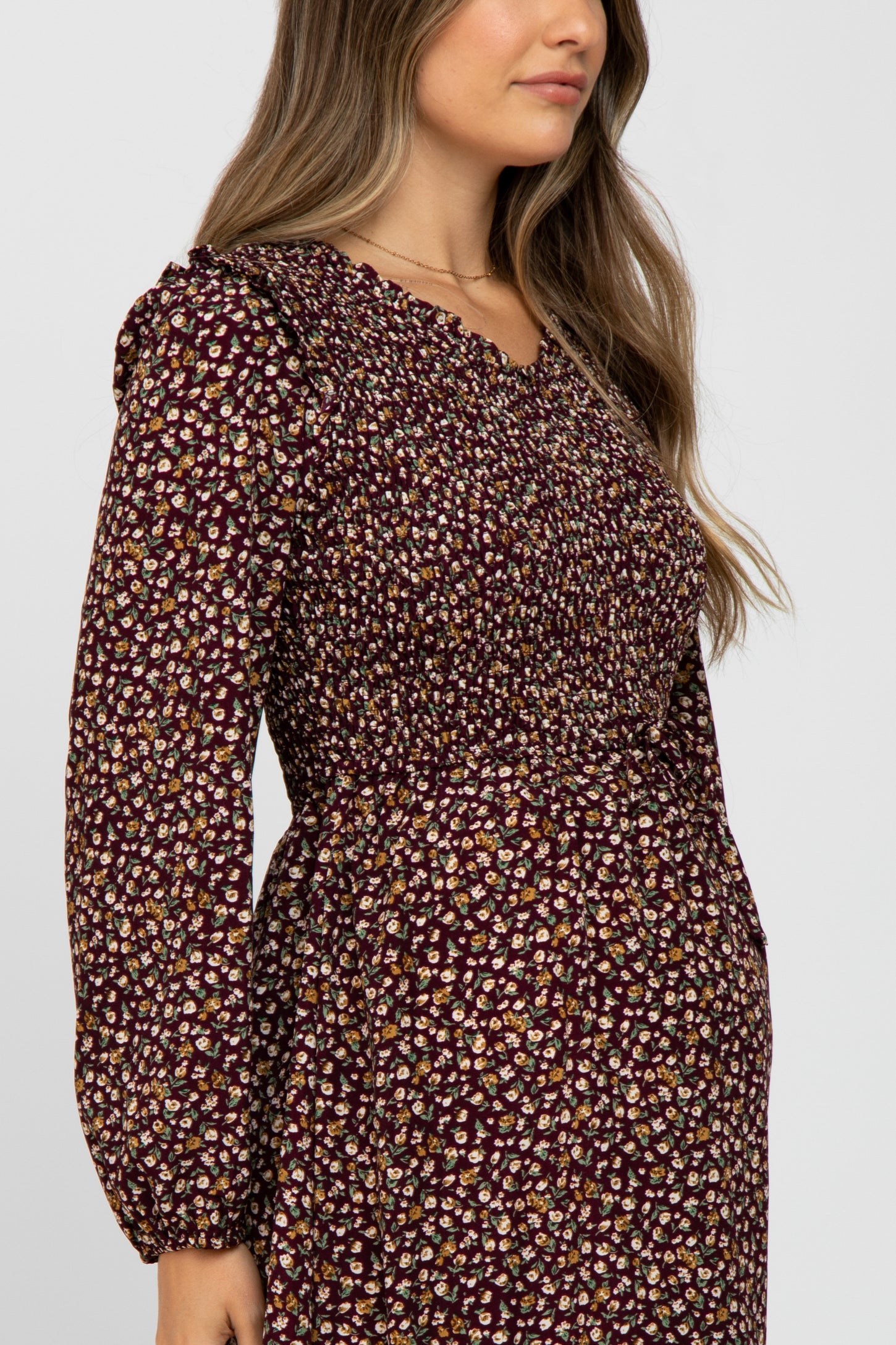 Burgundy Floral Long Sleeve Smocked Maternity Midi Dress