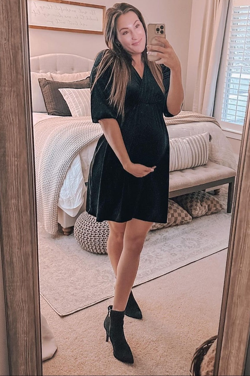 Black Velvet Wrap Front Babydoll Maternity Dress – PinkBlush Black Velvet Wrap Front Babydoll Maternity Dress – PinkBlush
