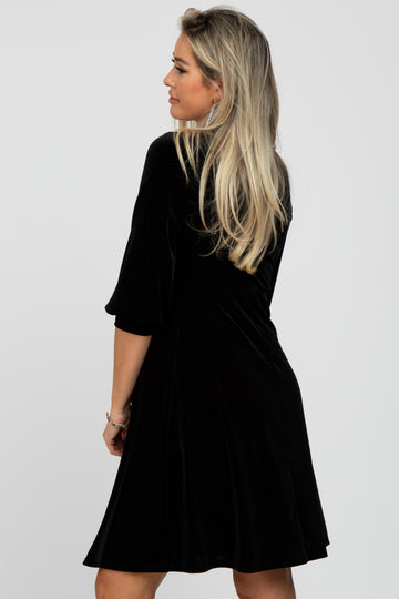 Black Velvet Wrap Front Babydoll Maternity Dress