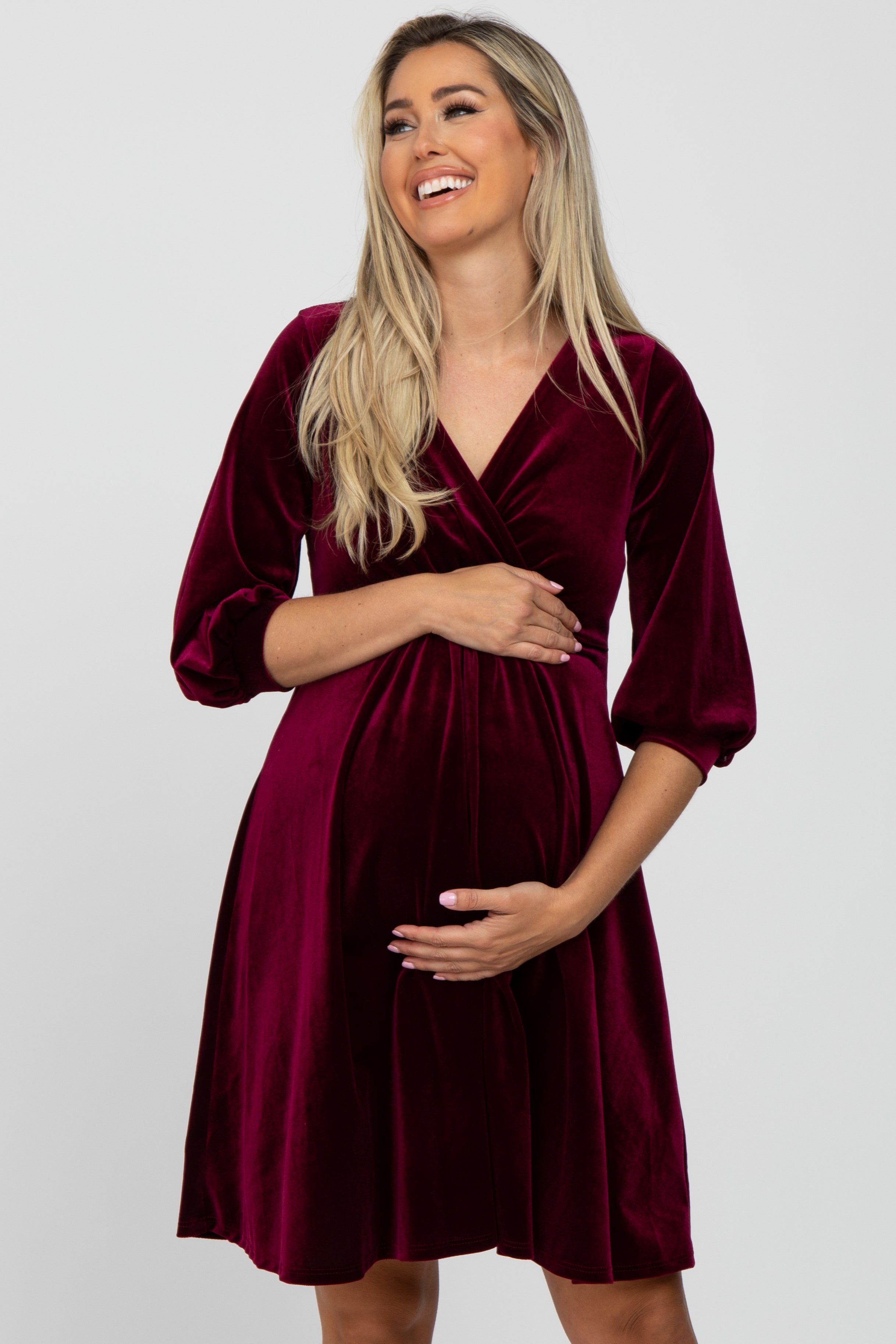 burgundy velvet maternity dress Burgundy Jade Ruffle Accent Velvet Maternity Dress  PinkBlush