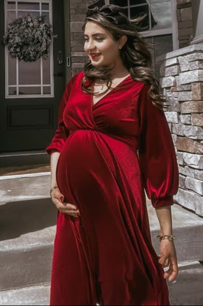 Burgundy Velvet Wrap Front Babydoll Maternity Dress