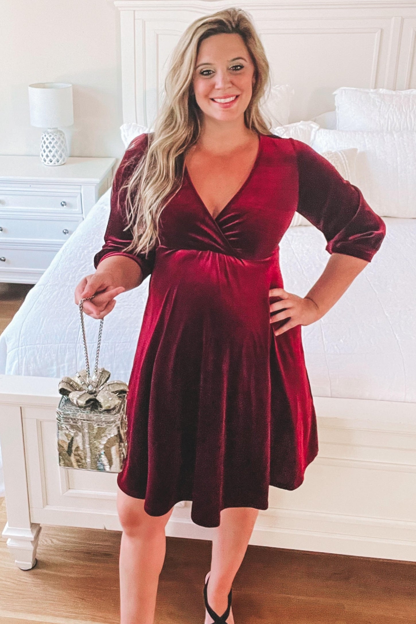 Burgundy Velvet Wrap Front Babydoll Maternity Dress