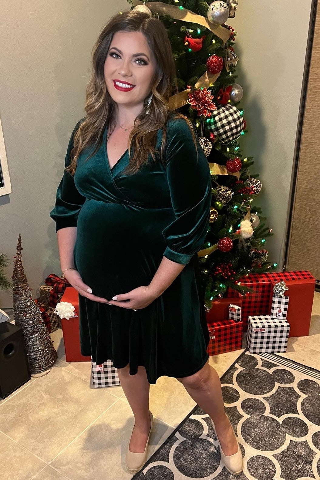 Green Velvet Wrap Front Babydoll Maternity Dress PinkBlush Green Velvet Wrap Front Babydoll Maternity Dress PinkBlush