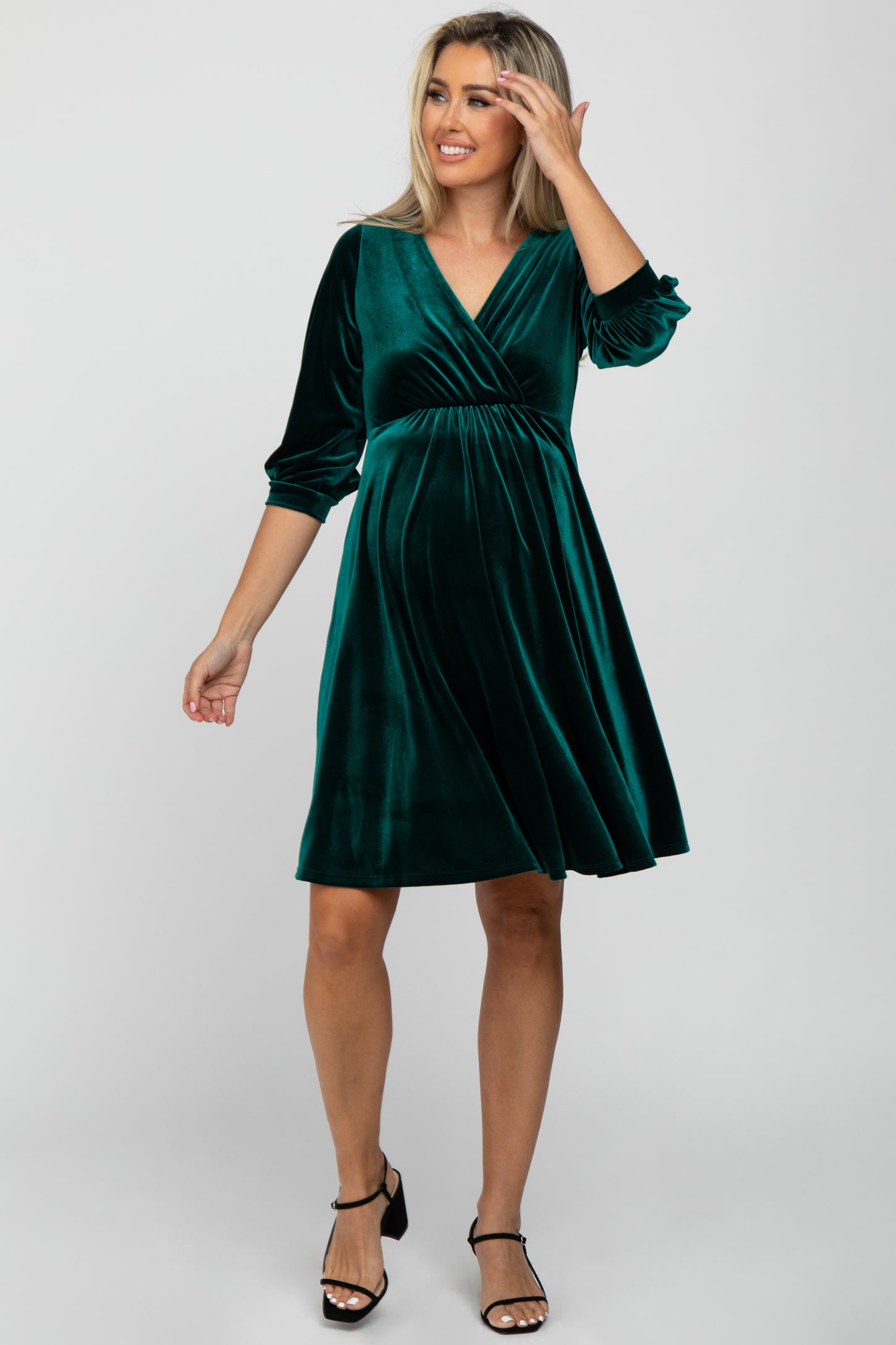 Green Velvet Wrap Front Babydoll Maternity Dress PinkBlush Green Velvet Wrap Front Babydoll Maternity Dress PinkBlush