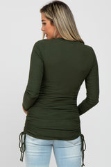 Olive Ribbed Ruched Tie Maternity Top