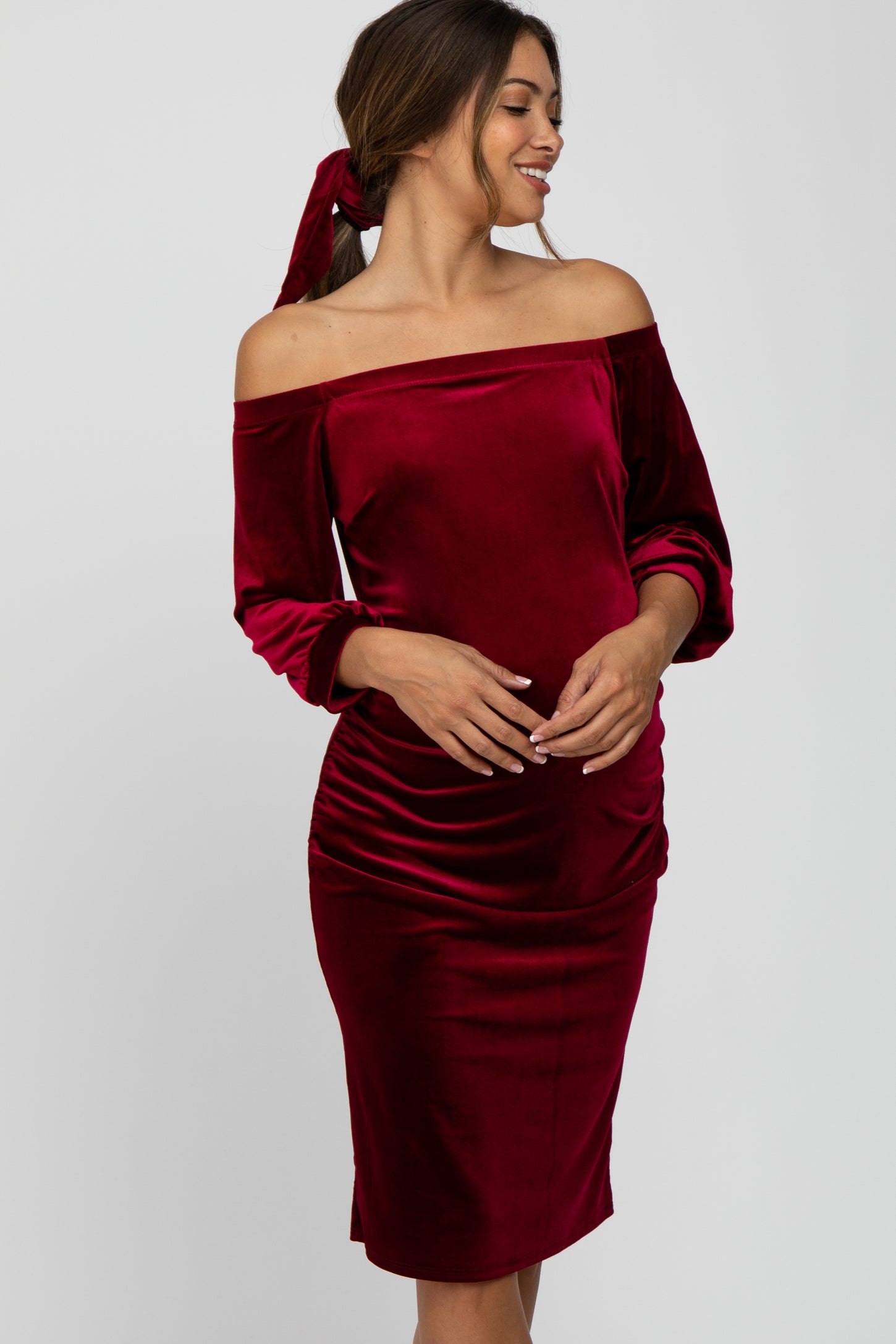 Burgundy Velvet Off Shoulder Fitted Maternity Dress – PinkBlush