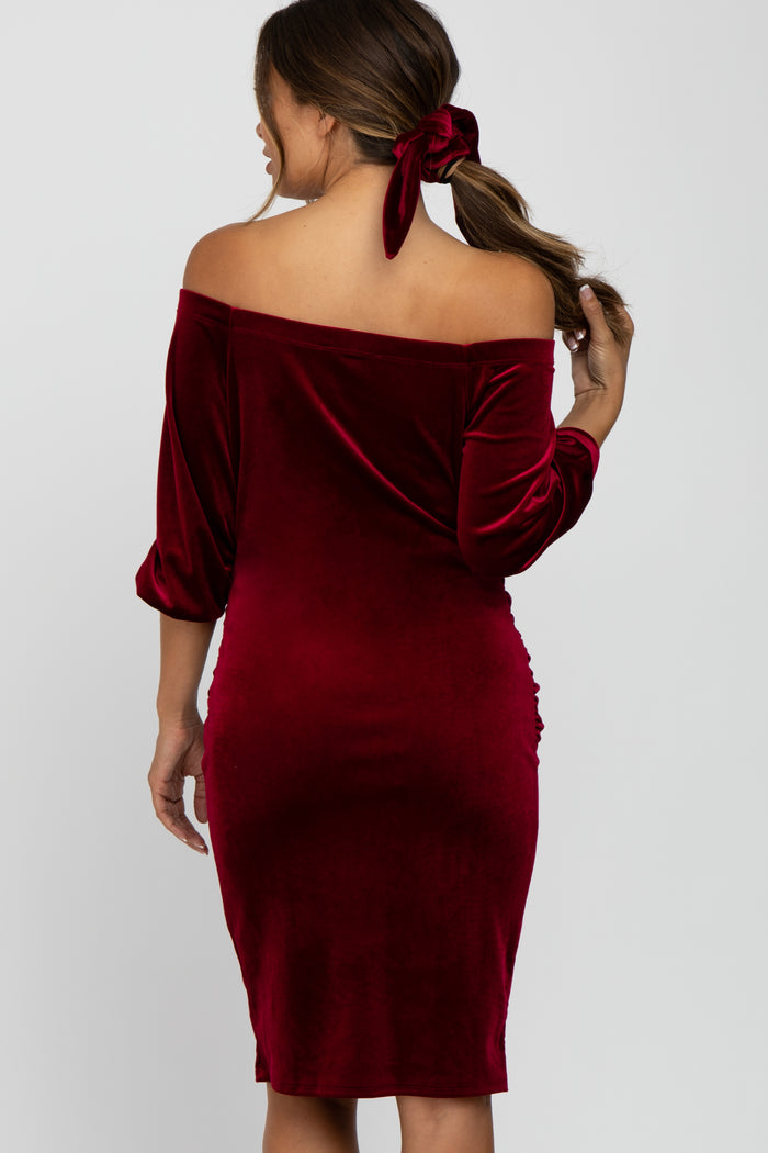 Burgundy Velvet Off Shoulder Fitted Maternity Dress