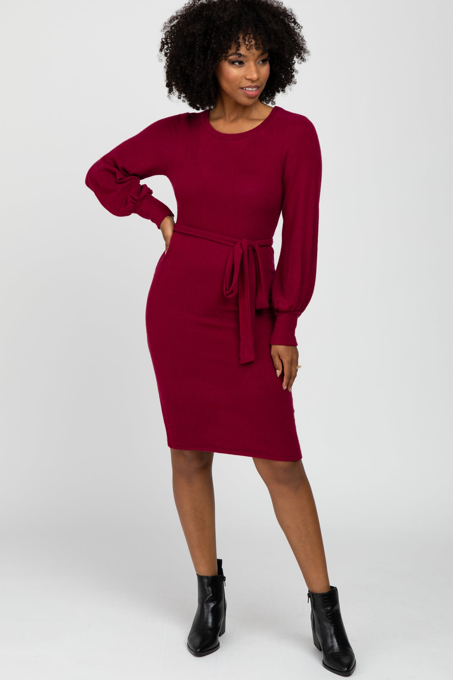 Burgundy Soft Brushed Waist Tie Bubble Sleeve Maternity Dress Small Burgundy Soft Brushed Waist Tie Bubble Sleeve Maternity Dress Small
