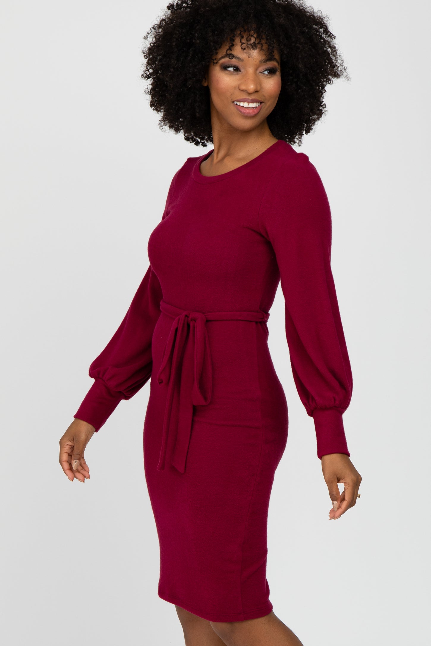 Burgundy Soft Brushed Waist Tie Bubble Sleeve Dress PinkBlush Burgundy Soft Brushed Waist Tie Bubble Sleeve Dress PinkBlush