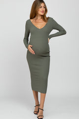 Light Olive V-Neck Long Sleeve Fitted Maternity Maxi Dress