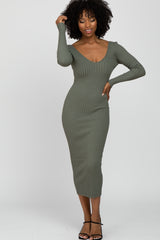 Light Olive V-Neck Long Sleeve Fitted Maternity Maxi Dress
