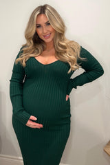 Forest Green V-Neck Long Sleeve Fitted Maternity Maxi Dress