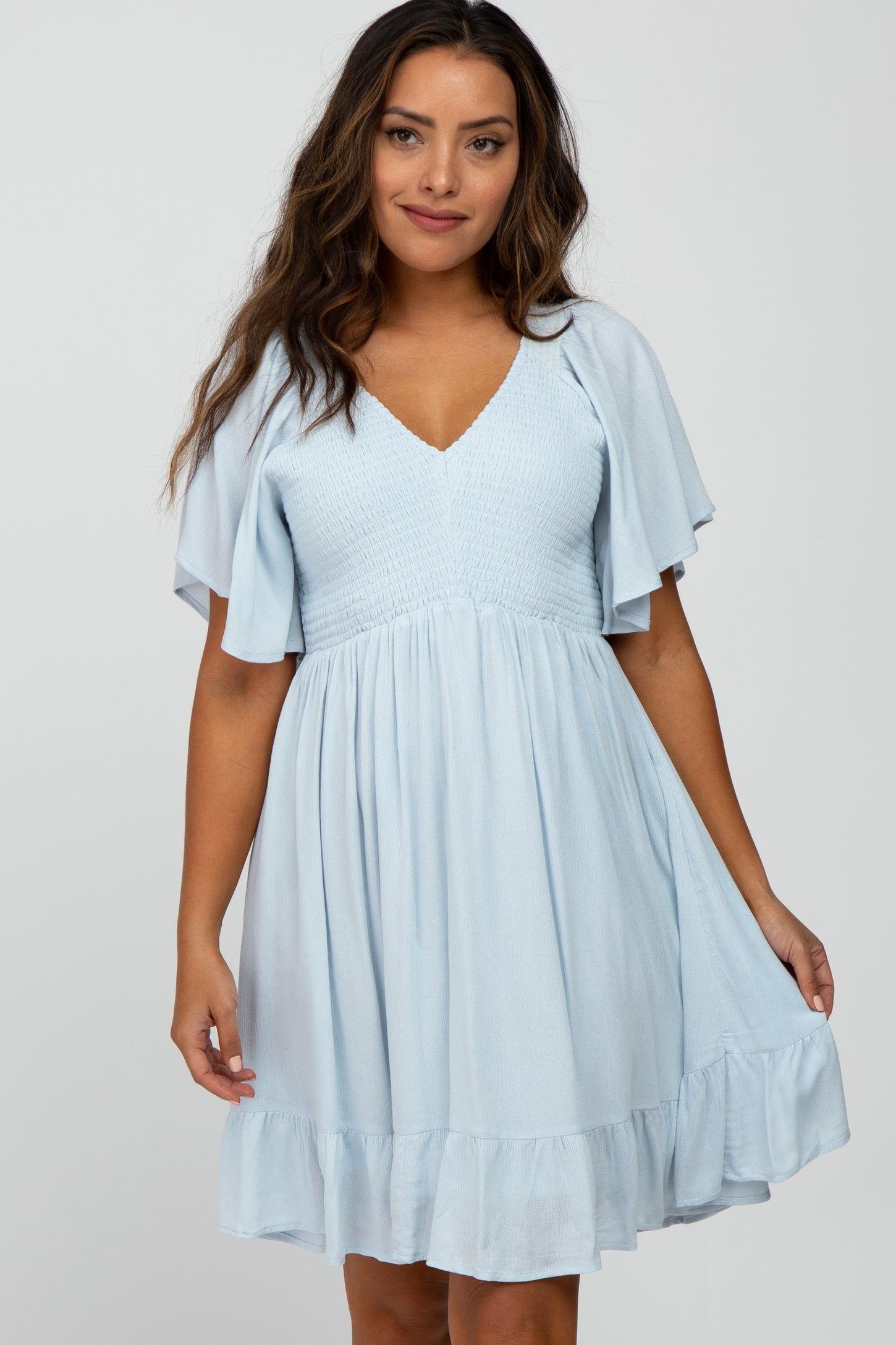 blue smocked maternity dress Light Blue Smocked Ruffle Maternity Dress Medium